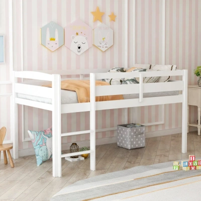 Simplie Fun Twin Wood Loft Bed Low Loft Beds In White
