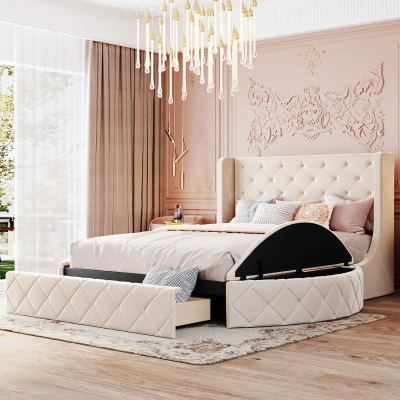 Simplie Fun Upholstered Platform Bed Queen Size Storage Velvet Bed In Neutral