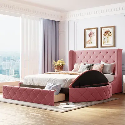 Simplie Fun Upholstered Platform Bed Queen Size Storage Velvet Bed In Pink