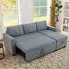 SIMPLIE FUN UPHOLSTERED PULL OUT SECTIONAL SOFA WITH STORAGE CHAISE, CONVERTIBLE CORNER COUCH, LIGHT GREY