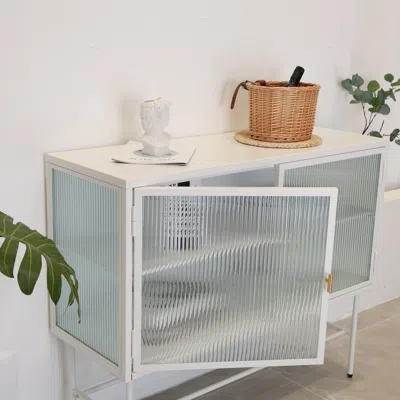 Simplie Fun White Sideboard With Glass Doors And Shelves In Metallic