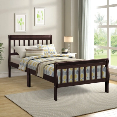 Simplie Fun Wood Platform Bed Twin Bed Frame Panel Bed Mattress Foundation Sleigh Bed In Brown