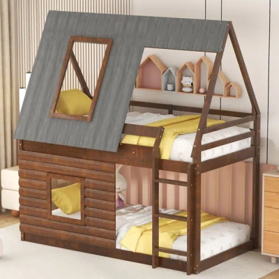 Simplie Fun Wood Twin Size House Bunk Bed In Brown