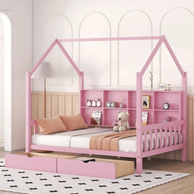 Simplie Fun Wooden Full Size House Bed In Pink