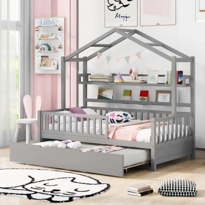 Simplie Fun Wooden Twin Size House Bed In Gray