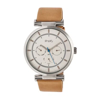 Simplify The 4800 Silver Dial Khaki Leather Watch Sim4805 In Brown/silver Tone/beige