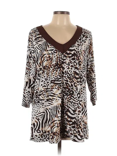 Pre-owned Simply Noelle 3/4 Sleeve Top Brown Animal Print Pattern V Neck Tops