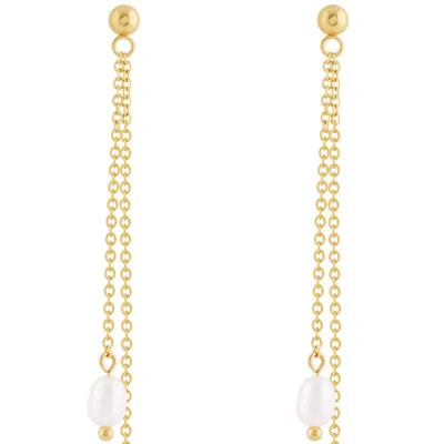 Simply Rhona Double Drop Pearl Chain Earrings In 18k Gold Plated Stainless Steel