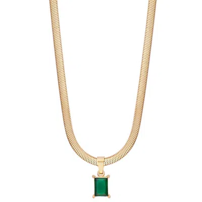 Simply Rhona Emerald Stone Herringbone Chain Necklace In 18k Gold Plated Stainless Steel