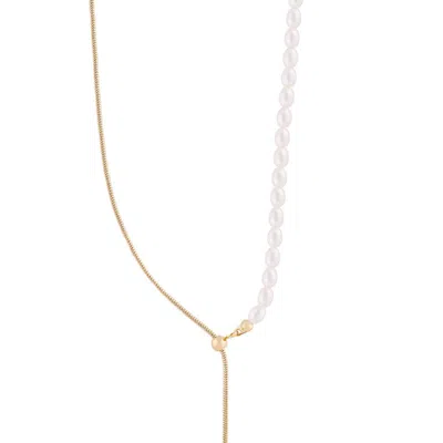 Simply Rhona Long Pearl Fushion Drop Necklace In 18k Gold Plated Stainless Steel In Multi