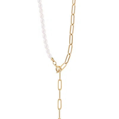 Simply Rhona Long Pearl Heart Pendant Necklace In 18k Gold Plated Stainless Steel