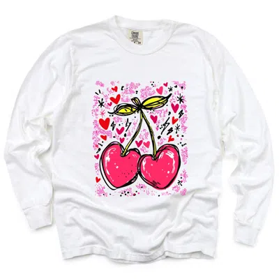 Simply Sage Market Cherry Hearts Grunge - Women's Garment Dyed Long Sleeve Graphic T-shirt In White