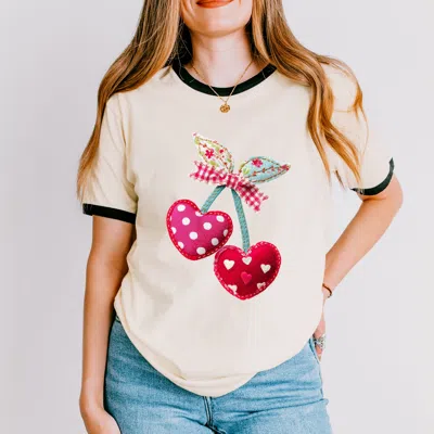 Simply Sage Market Cherry Hearts Patchwork Print - Women's Ringer Graphic T-shirt In Black