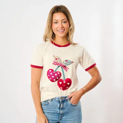 Simply Sage Market Cherry Hearts Patchwork Print - Women's Ringer Graphic T-shirt In Neutral