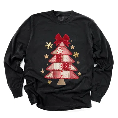 Simply Sage Market Christmas Tree Red Patchwork Print - Women's Garment Dyed Long Sleeve Graphic T-shirt In Black