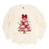 Simply Sage Market Christmas Tree Red Patchwork Print - Women's Garment Dyed Long Sleeve Graphic T-shirt In Neutral