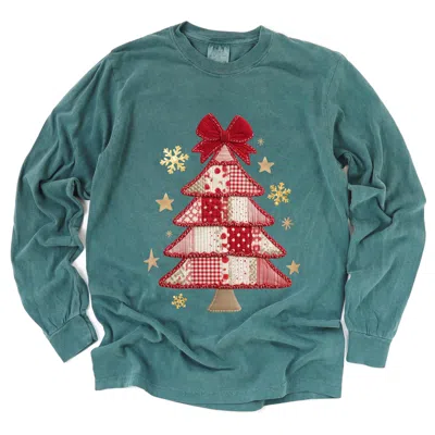 Simply Sage Market Christmas Tree Red Patchwork Print - Women's Garment Dyed Long Sleeve Graphic T-shirt In Yellow