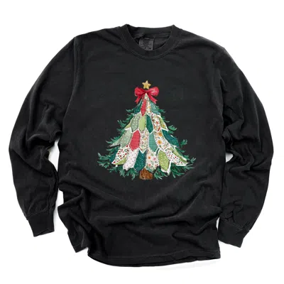 Simply Sage Market Christmas Tree Stitched - Women's Garment Dyed Long Sleeve Graphic T-shirt In Black