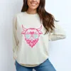 Simply Sage Market Cow Heart Glasses Glitter - Women's Garment Dyed Long Sleeve Graphic T-shirt In Gray