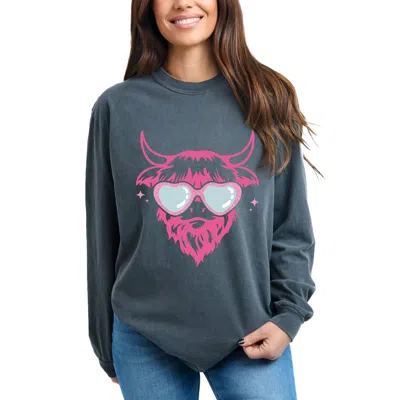 Simply Sage Market Cow Heart Glasses Glitter - Women's Garment Dyed Long Sleeve Graphic T-shirt In Gray