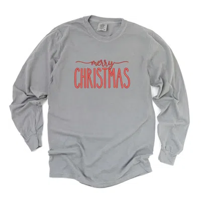 Simply Sage Market Embroidered Merry Christmas - Women's Garment Dyed Long Sleeve Graphic T-shirt In Gray