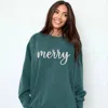 Simply Sage Market Embroidered Merry Cursive - Women's Garment Dyed Graphic Sweatshirt In Green
