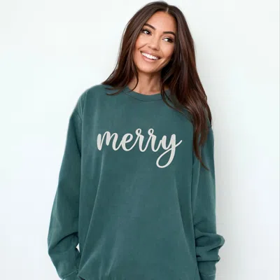 Simply Sage Market Embroidered Merry Cursive - Women's Garment Dyed Graphic Sweatshirt In Green