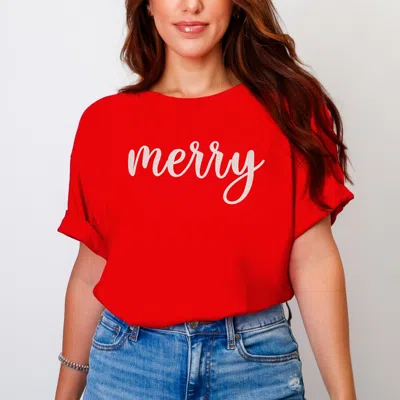 Simply Sage Market Embroidered Merry Cursive - Women's Garment Dyed Graphic T-shirt In Red