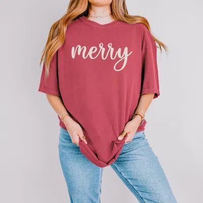 Simply Sage Market Embroidered Merry Cursive - Women's Garment Dyed Graphic T-shirt In Pink