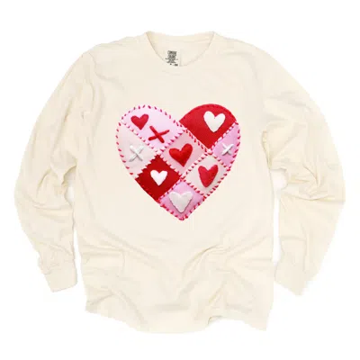 Simply Sage Market Heart Stitching Patchwork Print - Women's Garment Dyed Long Sleeve Graphic T-shirt In Neutral