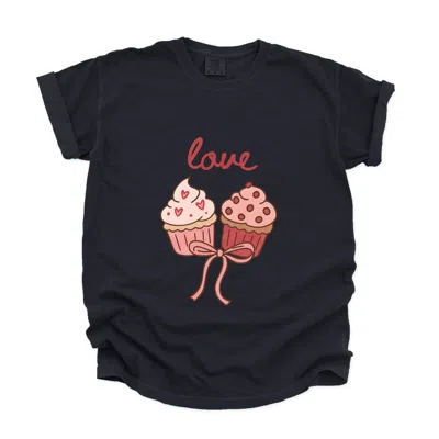 Simply Sage Market Love Cursive Cupcakes Coquette - Women's Garment Dyed Graphic T-shirt In Black