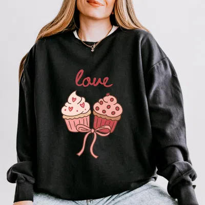 Simply Sage Market Love Cursive Cupcakes Coquette - Women's Lightweight Garment Dyed Sweatshirt In Black