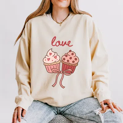 Simply Sage Market Love Cursive Cupcakes Coquette - Women's Lightweight Garment Dyed Sweatshirt In White