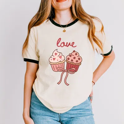 Simply Sage Market Love Cursive Cupcakes Coquette - Women's Ringer Graphic T-shirt In Neutral