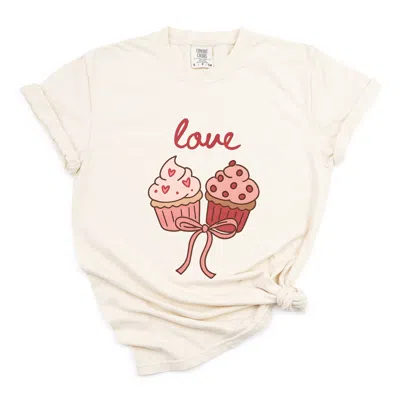 Simply Sage Market Love Cursive Cupcakes Coquette - Women's Garment Dyed Graphic T-shirt In Neutral