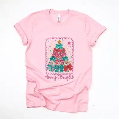 Simply Sage Market Merry & Bright Bow Tree - Women's Short Sleeve Graphic T-shirt In Pink