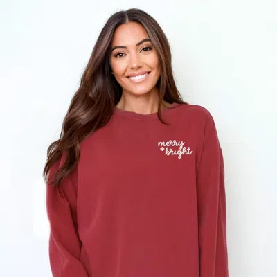 Simply Sage Market Merry And Bright Cursive Embroidery - Women's Garment Dyed Graphic Sweatshirt In Red