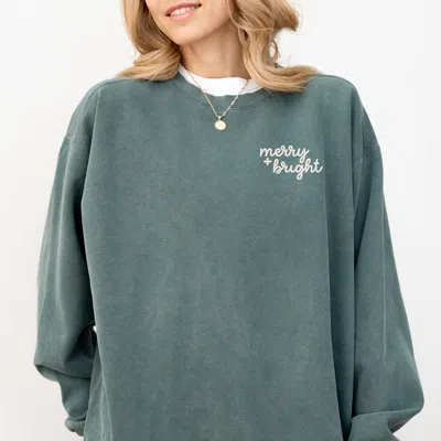 Simply Sage Market Merry And Bright Cursive Embroidery - Women's Garment Dyed Graphic Sweatshirt In Yellow