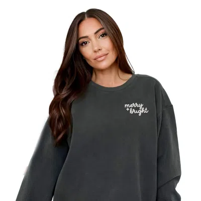 Simply Sage Market Merry And Bright Cursive Embroidery - Women's Garment Dyed Graphic Sweatshirt In Black