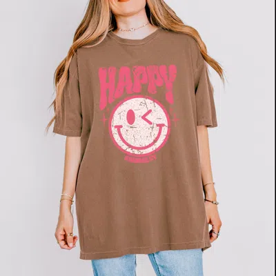 Simply Sage Market S. W.smiley Pink Smiley Distressed - Women's Garment Dyed Graphic T-shirt In Brown