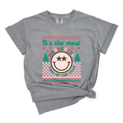 Simply Sage Market S. W.smiley The Most Wonderful Time Smiley - Women's Garment Dyed Graphic T-shirt In Gray