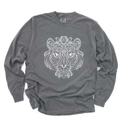 Simply Sage Market Tiger Face Mandala - Women's Garment Dyed Long Sleeve Graphic T-shirt In Gray