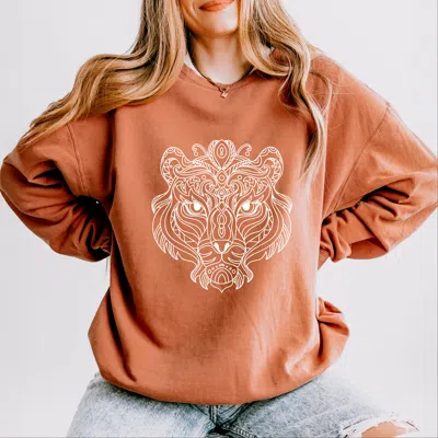 Simply Sage Market Tiger Face Mandala - Women's Lightweight Garment Dyed Sweatshirt In Orange