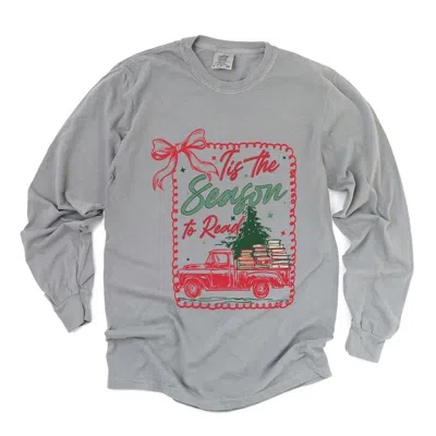 Simply Sage Market Tis The Season To Read Red Truck - Women's Garment Dyed Long Sleeve Graphic T-shirt In Gray