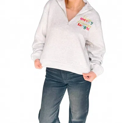 Simply Southern Kids' Girl's Very Merry Always Bright Quarter Zip Pullover In Grey In White