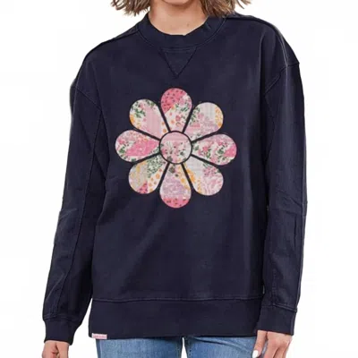 Simply Southern Katarina Flower Pullover In Blue In Black