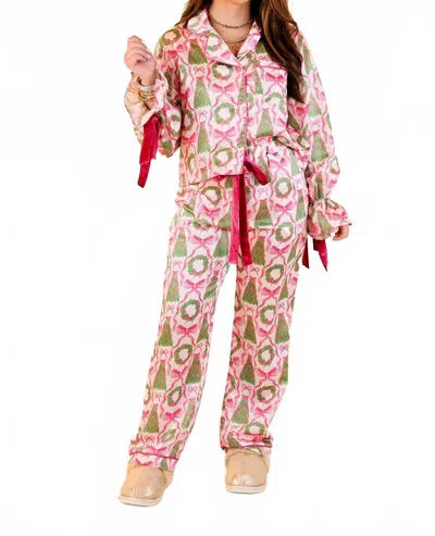 Simply Southern Long Sleeve Holiday Pajama Sets In Pink Christmas Trees In Multi