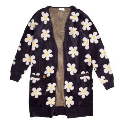 Simply Southern Women's Fuzzy Print Cardigan In Gray With Flowers In Black