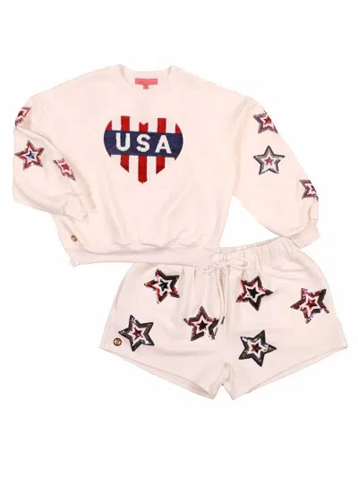 Simply Southern Women's Usa Sweater Shorts Set In White In Pink