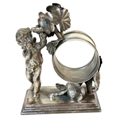 Pre-owned Simpson, Hall, Miller & Co. Victorian Figural Silver- Plated Cherub Napkin Ring By Simpson, Hall & Miller In Gray